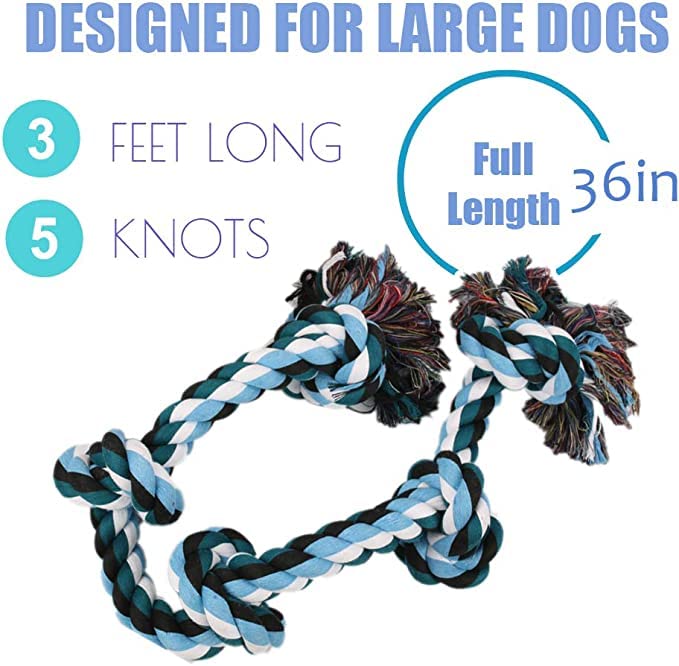 Image of 5 Knot Dog Chew Rope + Dog Chew Toys + Puppy Teething Toys + Rope Dog Toy + Dog Toys for Small to Medium Dog Toys + Dog Toy Pack + Tug Toy + Dog Toy Set + Washable Cotton Rope for Dogs