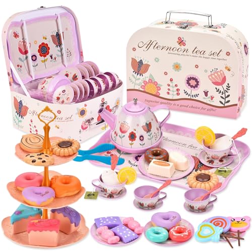 TOSUTO 52 Pièces Service à Thé pour Enfant - Jouets de Dinette Enfant Avec Tasses, Assiettes et Accessoires pour Filles 3 à 7 Ans