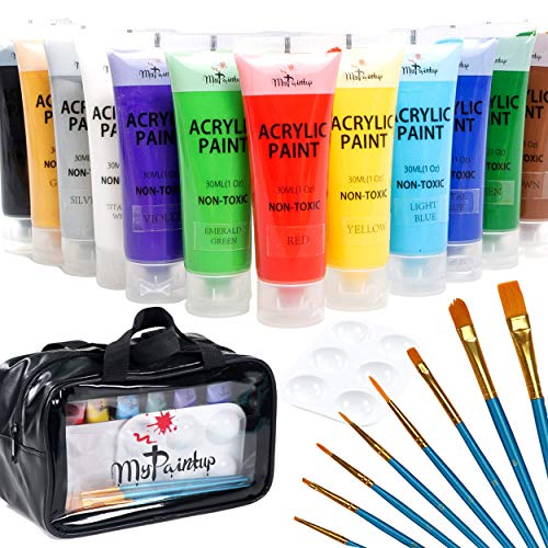 Acrylic Paint Set for Canvas Wood Ceramic Rock Glass Non Toxic 30ml/1oz Tubes Rich Pigment Colors & paintbrushes & Palette Painting Supplies Kit for Kids and Adults Organized Bag 22 Parts MyPaintUp