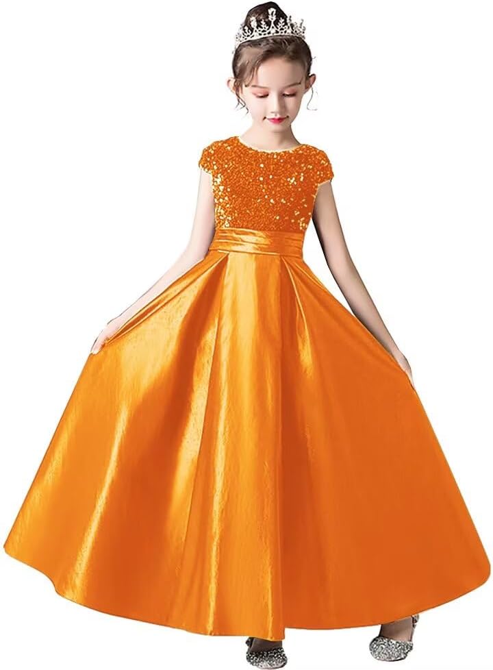 dideyttawl Girls Satin Sequins Party Dress Short Sleeves Long Formal Dress Big Bow Belt 503DX