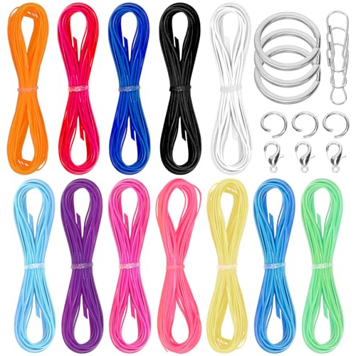 Mardatt 12 rotoli di cordino colorato, corda in plastica con ganci a scatto e kit portachiavi per gioielli fai da te, bracciali, tessitura, boondoggle (lucido)