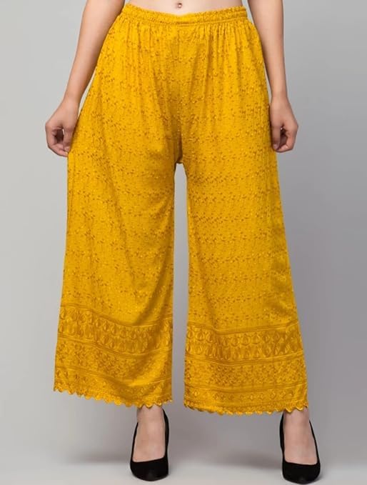 Image of Women's Palazzo Pants Rayon Trousers Chikankari Embroidered Lace Trim Wide Leg Straight Fit Flared Palazzo for Girls & Women