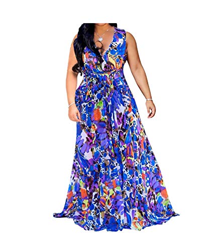 Image of Womens Chiffon Deep V-Neck Printed Floral Maxi Dress Sleeveless Dresses High Waisted Plus Size Red