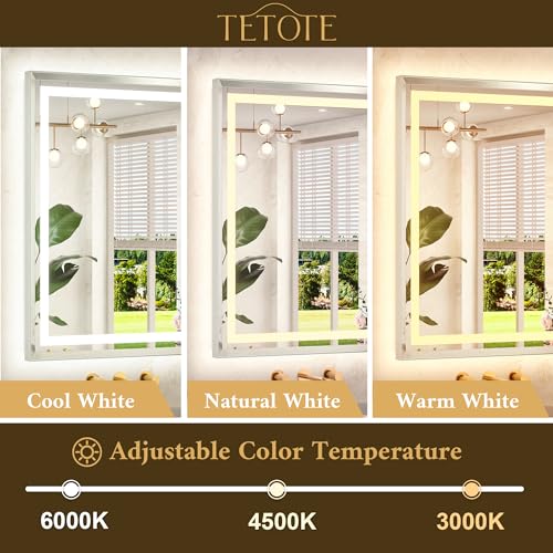 TETOTE 40 x 32 Led Mirror Brushed Bright Nickel Metal Frame Frontlit & Backlit Vanity Mirror Anti-Fog Stepless Dimmable 3 Colors White/Warm/Natural Wall Mirror with Lights Wall-Mounted