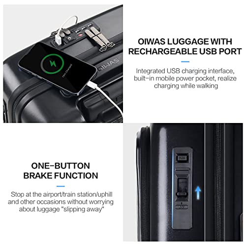 Oiwas Carry On Luggage Pc Hard Case Travel Suitcase 8 Spinner Wheels Rolling Luggage With Front Compartment, Double Tsa Locks (Black, Carry-On 20-Inch) #TOP2