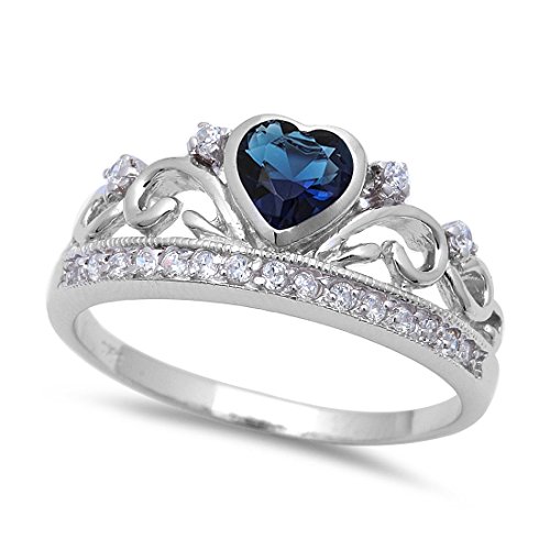 Heart Crown Promise Ring Simulated Sapphire Round Clear CZ 925 Sterling Silver, Size-6