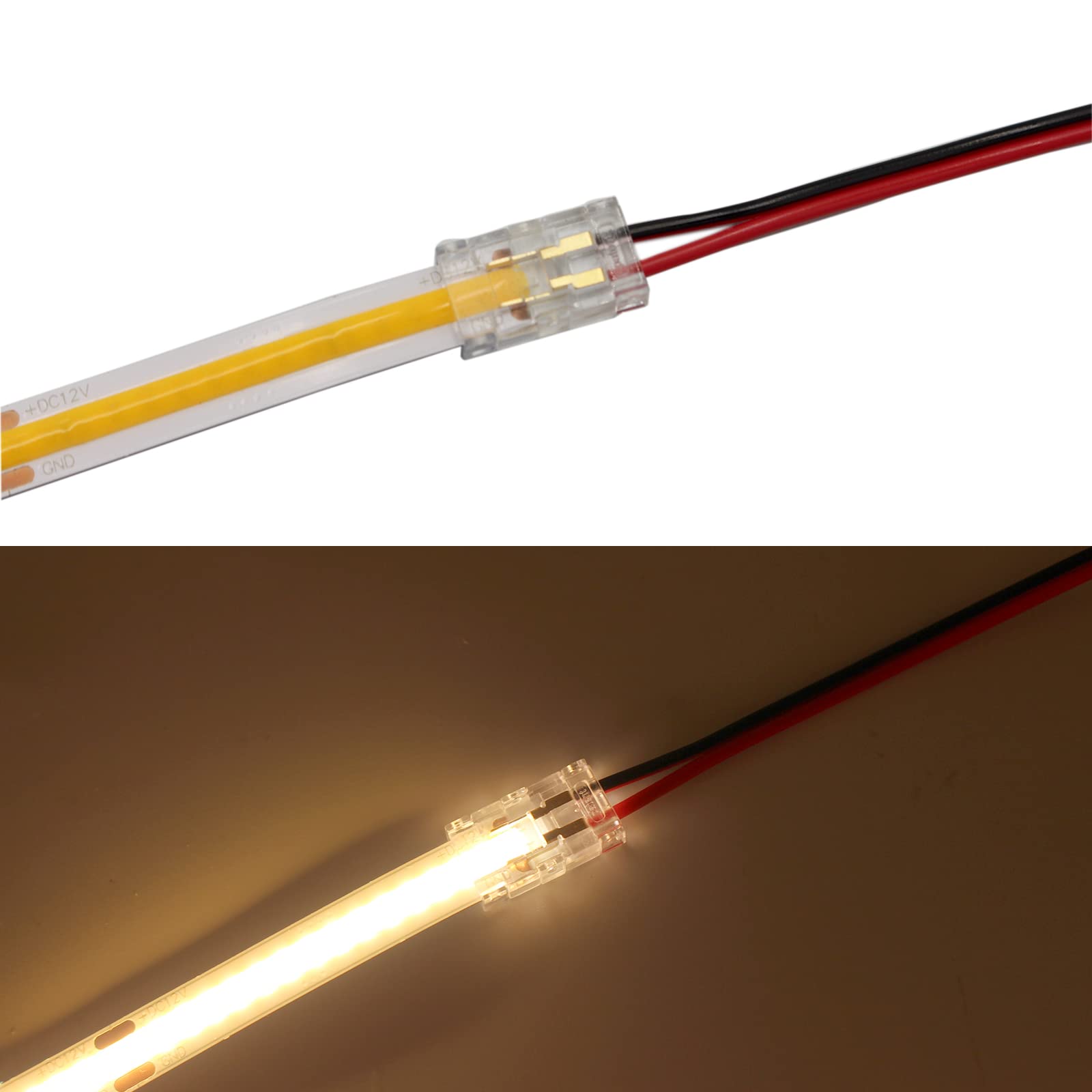 Boarda Clear Cob Led Strip Connectors - 2-Pin 10 Pcs + 15Cm Cable, Gapless Solderless Quick Click Connection For 10Mm Cob Led Strip Lights