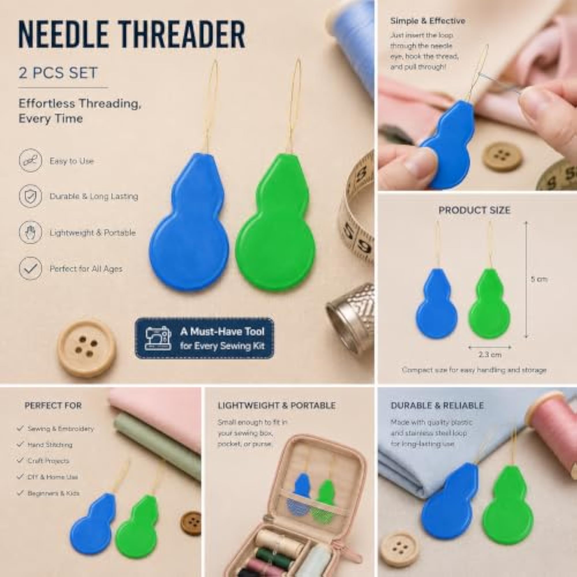 Needle Threader 2Pc and Thread Cutter Snip for Embroidery