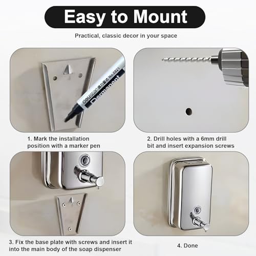 Image of Heavy Duty Soap Dispenser Wall Mount Stainless Steel Soap Dispenser Manual Liquid Pump Rust-Proof Leak Free Pump for Commercial & Home Kitchen Bathroom (34 fl.oz. /1000ml)