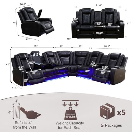 Image of Power Breathing Leather Reclining Sofa, Power Recliner Sectional Sofa with Reading lamp /LED Light, Sectional Reclining Loveseat Couch with Hide-Away Storage for Living Room