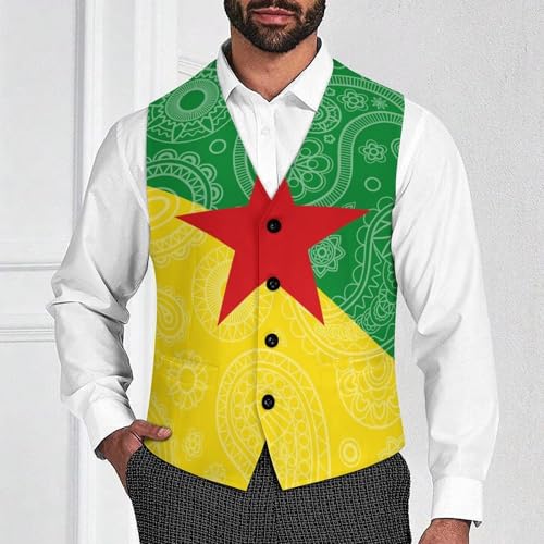 French Guiana Flag Paisley Pattern Novelty Men's Suit Vest Casual Formal Dress Vests Business Waistcoat2