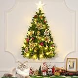 3 FT Wall Christmas Tree, Drak Green Half Christmas Tree Wall Hanging, DIY 1/2 Chrismas Tree for Window with Lights, Ornaments and Hooks, Hainging Xmas Tree for Door, Pet Owners Xmas Decor