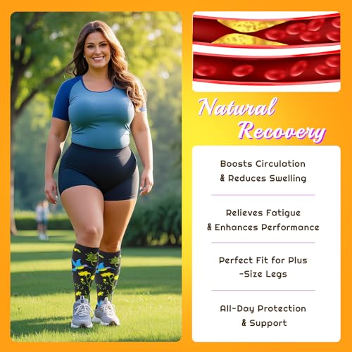 Image of Plus Size Compression Socks for Women & Men 3 Pairs, Wide Calf Extra Large 20-30 mmHg Knee High Support Socks for Travel, Running, Nurse