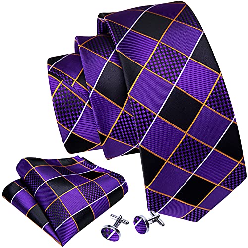 Image of Barry.Wang Plaid Ties Check Mens Necktie Set with Handkerchief Cufflinks Classic Stripe