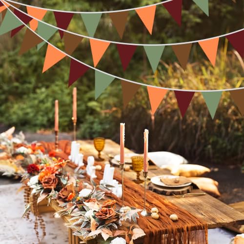 Image of 40Ft Burgundy Sage Green Brown Orange Fabric Bunting Banner Pennant Hanging Party Decorations Cotton Triangle Flag Garland for Retro Autumn Thanksgiving Fall Harvest Pumpkin Birthday Baby Shower Decor