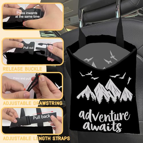 Image of Adventure Awaits Car Trash Bag,Mountain Forest Strap Drawstring Car Garbage Bags,Car Back Seat Organizer with Adjustable Buckle for Car Accessories