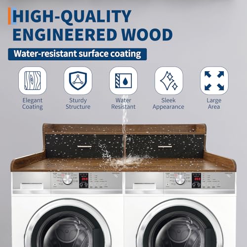 GarveeHome 2-Tier Washer Dryer Countertop with 2 Drawers, Wood Laundry Countertop with 2.75" H Edge Rails, Waterproof Washer Dryer Cover with Anti-Slip Pads for Laundry Room Organization and Storage