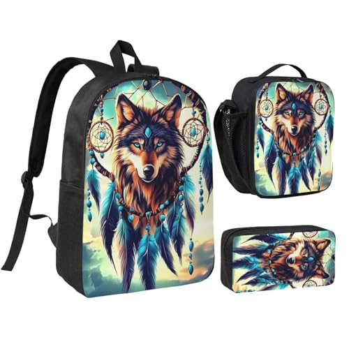 (Ship from USA) Dream Catcher Wolf 17 Inch Large Capacity Backpack 3-Piece Set Backpack Suitable For Outdoor Leisure