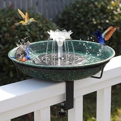 Deck Mounted Bird Bath with Solar Fountain,Solar Railing Bird Bath Fountains for Hummingbirds,Adjustable Metal Durable Deck Bird Bath Holder for Outdoor Railings, Patio Deck,Garden