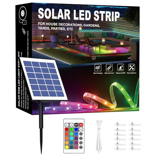 Eastfine 50ft RGB Outdoor Led Strip Lights Waterproof, Solar Led Strip Lights Outdoor with Self-Adhesive, Auto On/Off 16 Colors and 4 Modes with Remote Timer Great for Patio, Pathway Decor