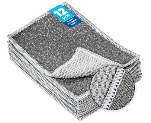 Image of Microfiber Wholesale Scrubber Cloths (12 Pack, Grey) - Scrub Without Scratching, Safe for Non-Stick, Stainless & Glass - Two-Sided 4 inchx6 inch Dish Scrubbing Cloths, Bulk Value, No Sponge Smell