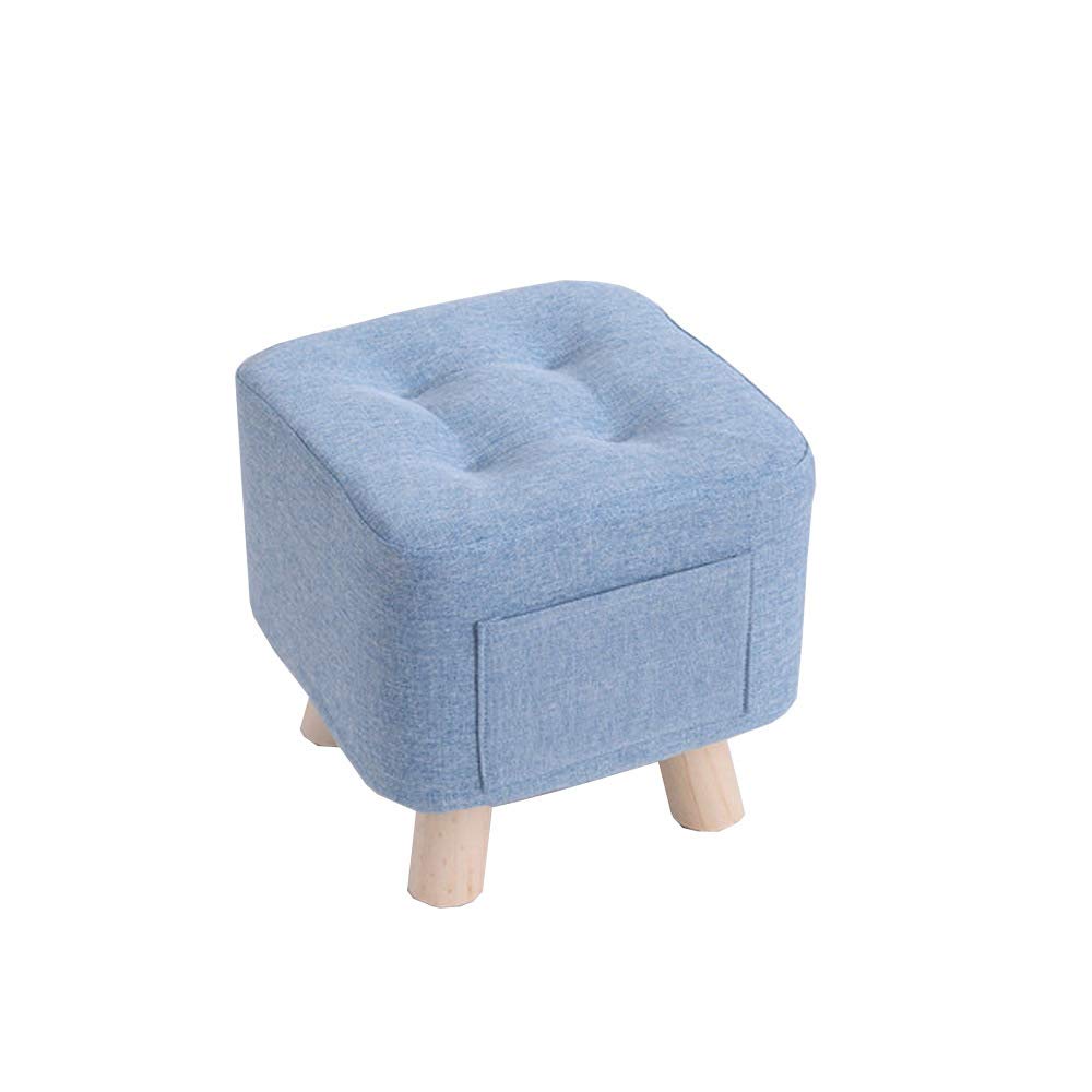 Repose-pieds carré bleu rembourré et pieds en bois massif