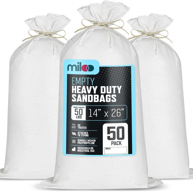 White Sand Bags for Flooding - Empty Sandbags Heavy Duty Outdoor with Tie Strings for Flood Control - 50lb Capacity 1600 Hours of UV Protection Woven Polypropylene Bags - 14 x 26 Inches Pack of 50