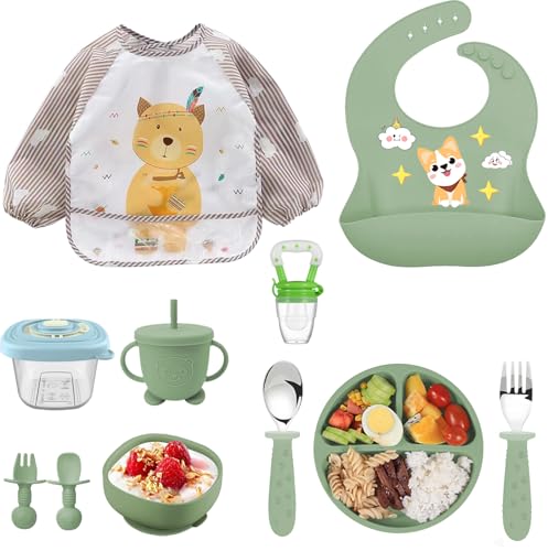 Set Pappa per Bambini, Set da 10 Pezzi Svezzamento Set, Silicone Piatto con Ventosa Ciotola Cucchiaio Forchetta...