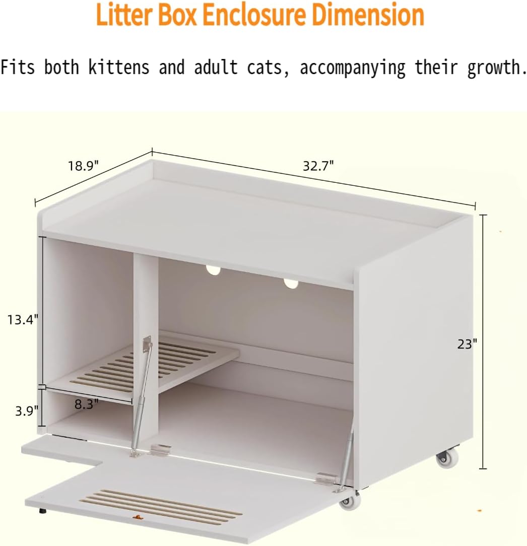 32.7" L Cat Litter Box Enclosure Furniture with Side Fence and Silent Wheels, Hidden Wooden Pet House End Table Storage Cabinet for Living Room or Bedroom, Fits Most Litter Boxes, White