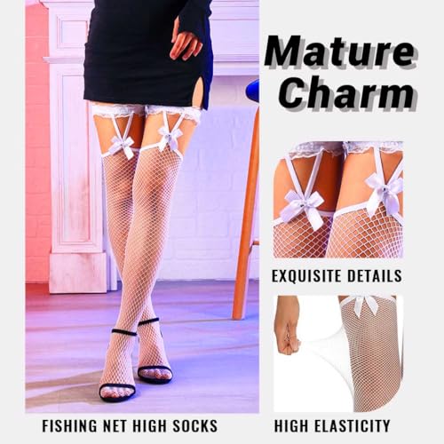 2 Pairs Bow Fishnet Thigh High Stockings Bow Top Lace Mesh Tights Sexy Black Fish Net High Socks Cosplay for Women3
