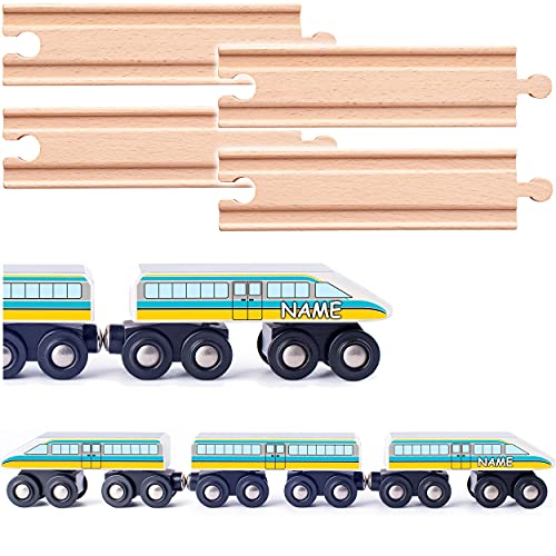 Holz Eisenbahn Modellwahl Schnellzug + Schienen - inkl. Name - Zug mit beweglichen Achsen - passend für alle Schienen-Systeme & Straßen - z.B. Brio/Hero..