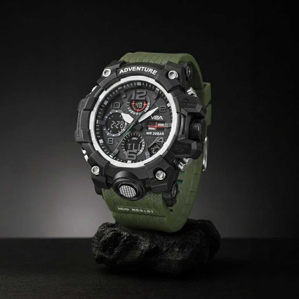 V2A Resin Military Green Chronograph Analogue And Digital Sports Watch For Men And Boys (Army Green), Black Dial, Black Band 3