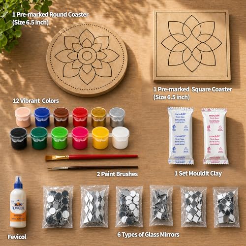 Image of Mind Pilot Lippan Art Kit for Adults & Kids | DIY Mirror Art & Clay Wall Decor Kit - 2 Pre-Marked Coasters, Mouldit Clay, 150+ Mirror Pieces, 12 Colours | Make-Your-Own Home Decor & Craft | Birthday Return Gift