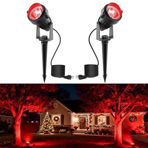 Image of L LOHAS LED Red Outdoor Spotlight 5W Christmas Tree Light 2 Pack | Auto On /Off Red Holiday Lighting, Outdoor Tree Spot Lights for Yard, House, Christmas Decoration