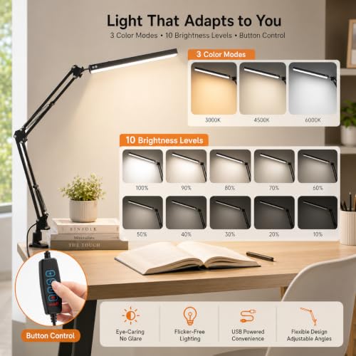 Image of One94Store Overhead LED Desk Lamp with Clamp | 360 Adjustable Swing Arm Table Light, 3 Color Modes & 10 Brightness Levels, Eye-Caring Reading Lamp with Memory Function for Study, Office & Home, Black