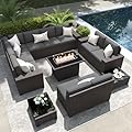 LayinSun 13 Pieces Outdoor Patio Furniture Set with 44" Fire Pit Table Brown Rattan Sectional Sofa Conversation Sets