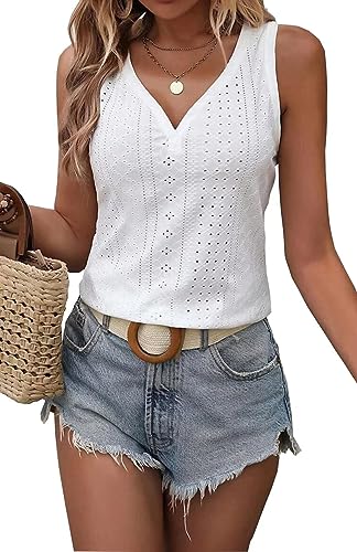Womens Fashion Tank Tops Solid Color Hollow Tops Summer Casual Loose Flowy Shirt Tanks Vest Vacation Sleeveless Shirts
