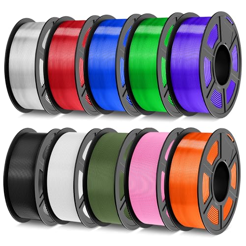 Image of TECBEARS PLA 3D Printer Filament Bundle, 10 KG PLA Filament 1.75mm, 1kg per Spool, 10 Pack, Black+White+Transparent+Olive Green+Pink with 5 Spools of Transparent Blue /Green /Purple /Red /Orange
