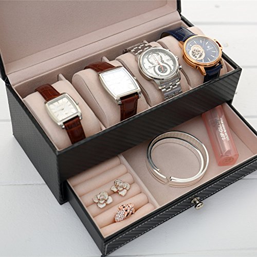 Goldwheat Watch Box Pu Leather Jewelry Organizer Travel Display Case For Men/Women,4 Slots Magnetic Top,Black #TOP7