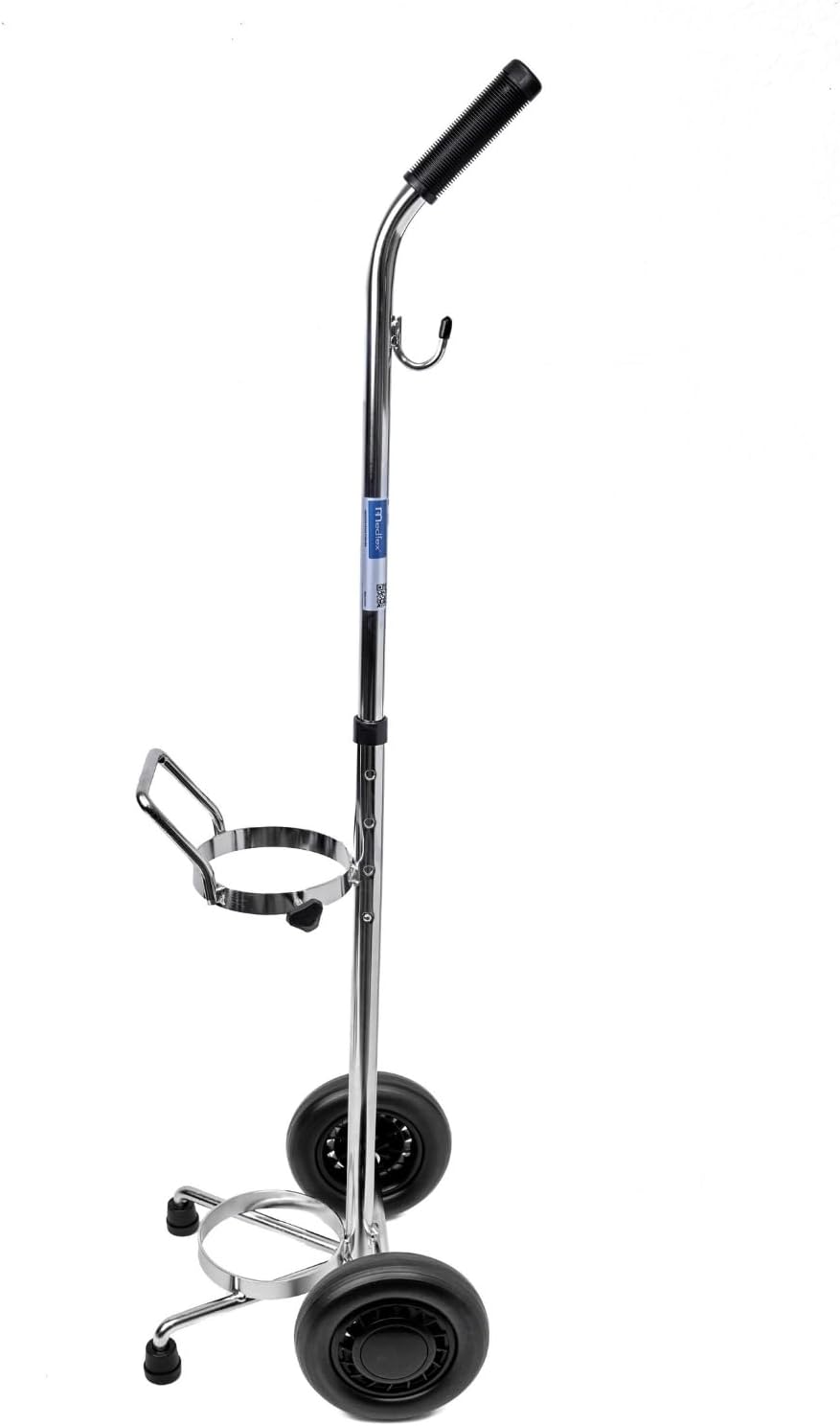 1 PC Chrome Lightweight Single D/E Oxygen Cylinder Cart, Adjustable Handle, Portable Oxygen Tank Cart with Wheels, Holds 1 D Size or E Size Cylinder, Medical Oxygen Transport
