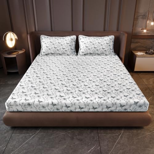 Image of Divine Casa Cotton King Size Bedsheet 275 x 275 cm | 210 TC Soft Breathable Pigment Twill Satin Bed Sheet with 2 Pillow Covers | Floral Printed Luxury Bedding Set | White & Grey