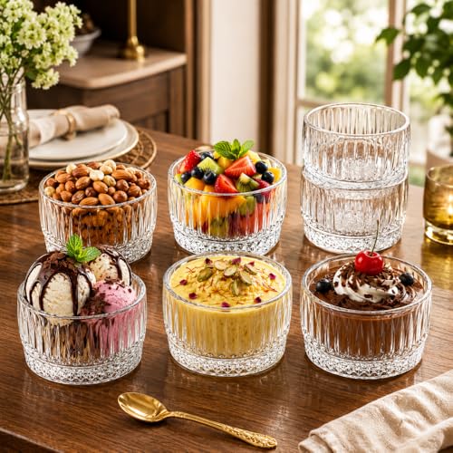 Image of Glassbunny 140ML Embossed Glass Dessert Bowls Set of 6 | Crystal Clear Transparent Glass Bowls for Ice Cream, Pudding, Fruit Salad, Dry Fruits & Snacks | Premium Ribbed Design