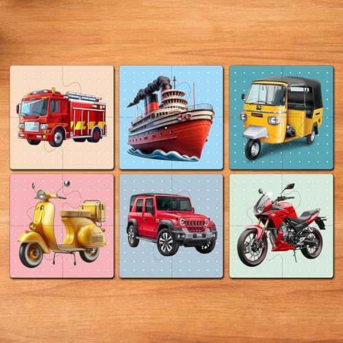Image of Wooden Jigsaw Puzzle Set of 6 for Kids | Pack of 6 Puzzles with 4 Pieces Each | Learning Toy for 2 3 4 5 Year Old Boys & Girls (Transport Theme)