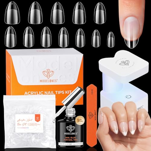 modelones X Nail Gel Kit Short Almond 9-in-One Nail Glue with Mini UV Light 216Pcs 12Sizes Pre-Etched Press ons Fake Acrylic Extension Kit DIY Salon Gift for Women