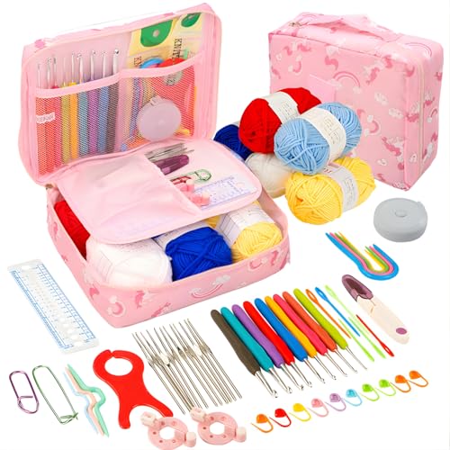 Crochet Kit for Beginners & Kids Crochet Starter Kit with Crochet Hook Set Crochet Needles Knitting Needles Sewing Kit & Yarn Complete Crochet Set for Crafts & Knitting | كروشيه خيوط كروشيه