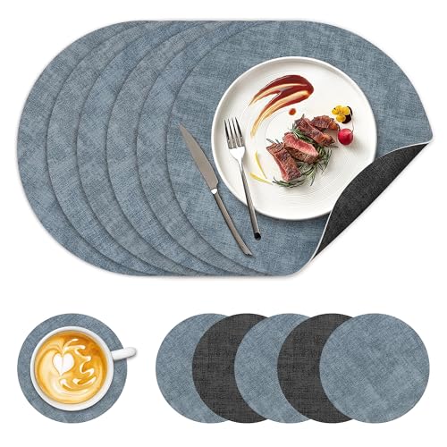 Image of 13 inch Round Placemats Set of 6, NCUE Dual-Sided Faux Leather Heat Resistant Table Mats, Waterproof Oilproof Washable Protective Table Placemats with Coaster, Wipeable Vinyl for Indoor & Outdoor Use