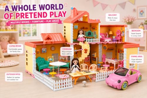 Image of 176 PCS Princesss Doll House Playset with Smoke Effect, Furniture, Dolls & Pink Car