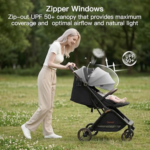 Image of Gromast Gravity Folding Baby Stroller - Portable Travel Toddler Stroller w /Adjustable Backrest, Canopy & Cup Holder, Lightweight and UV Protected, One-Hand Automatic Folding - Light Grey