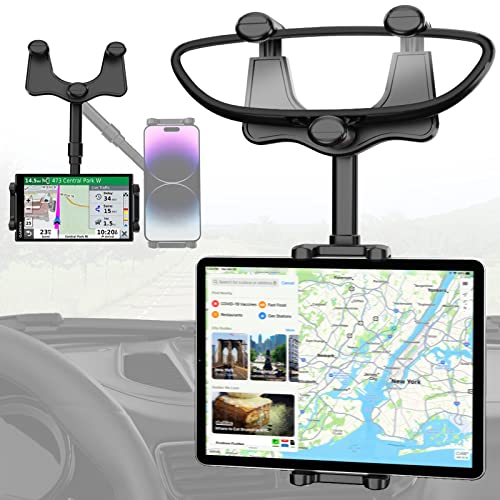Charchendo Tablet Phone Mount for Car Rear View Mirror Fits 4-13'' Devices, 360° Retractable Rearview Mirror Phone Holder Anti-Shake Compatible with iPad Pro 12.9/Air/Mini, Galaxy Z, Garmin