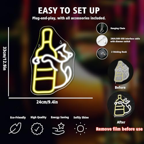Image of Cat Neon Sign Dimmable Wine Bottle LED Wall Light Gift for Bar Decoration